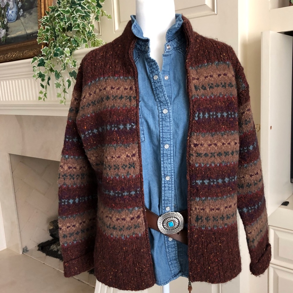 Lauren Ralph Lauren Intarsia Hand Knit Zip Front Cardigan Size L
